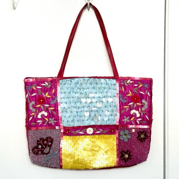 Christiana Handbags - Christiana Mini Tote Fully Beaded & Embellished Bag Fuchsia Pink Gold EUC